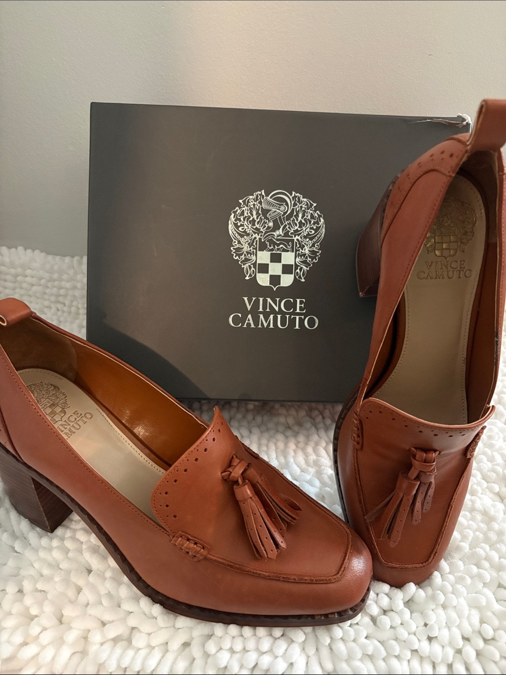 Vince Camuto Cognac Brown Leather Tassel Loafers